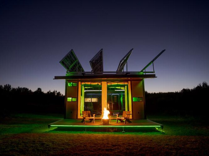 The EO Canopy illuminated at night.