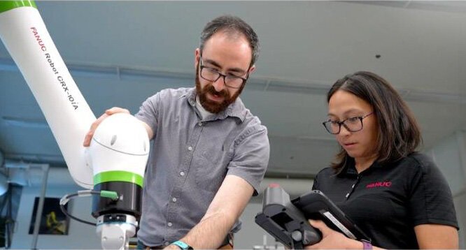 A FANUC "cobot," a collaborative robot, is among the specialized robots from Fuji Automatic Numerical Control. 