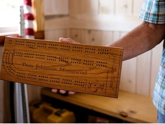 One of many cribbage boards made for a golf outing.