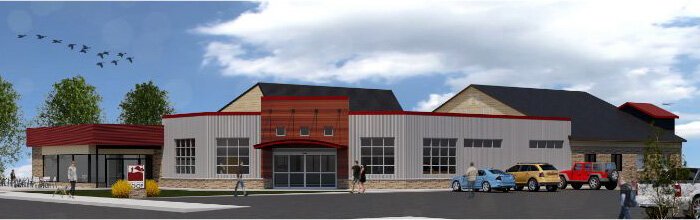 An artist's rendering of the renovated dealership, the future home of Keweenaw Co-op.