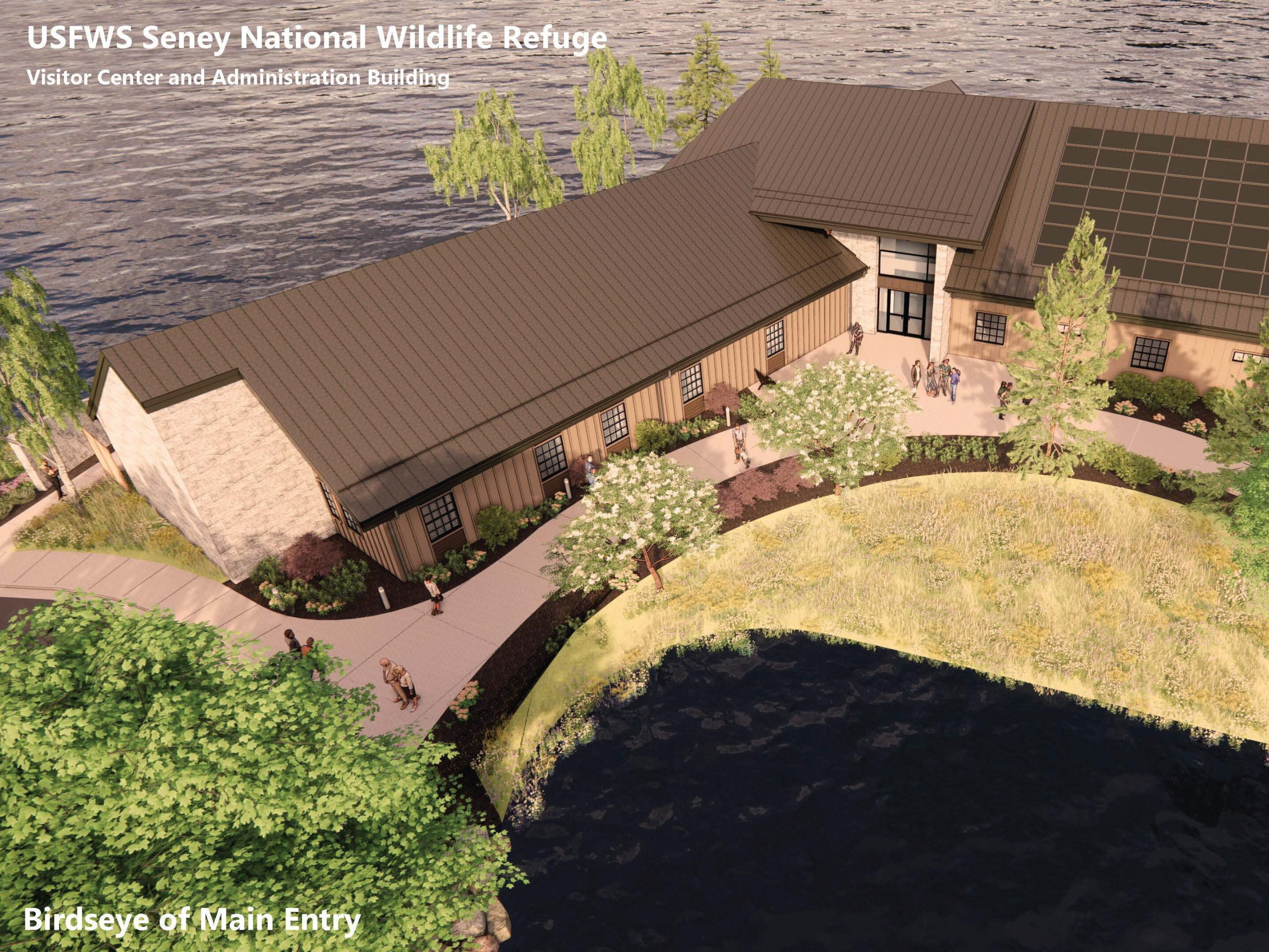 An aerial view of the new visitor center and headquarters at Seney National Wildlife Refuge.