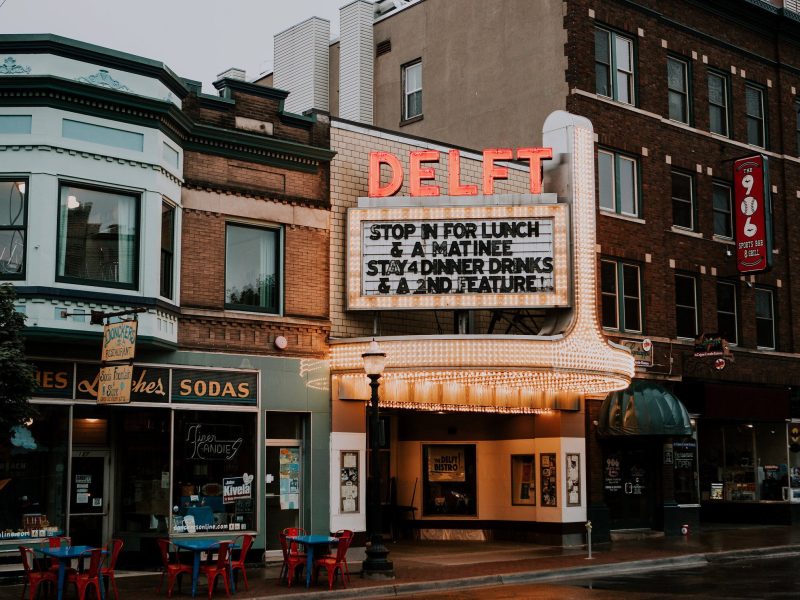 A view of downtown Marquette with the Delft Theater, repurposed as a bistro.