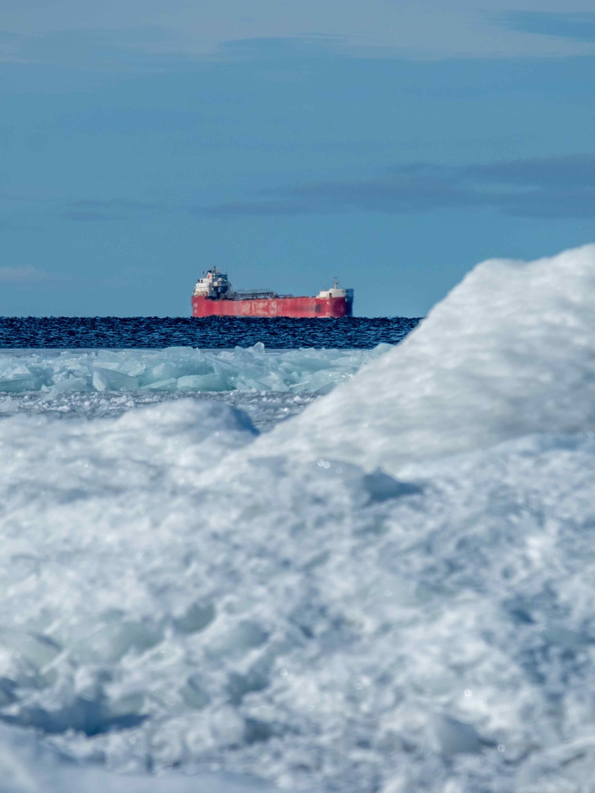 A freighter passing through the Straits of Mackinac in February.