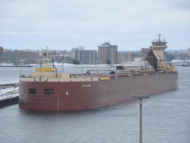 The Erie Trader awaits its opportunity to cross into Lake Superior to start the 2025 Great Lakes Shipping Season.