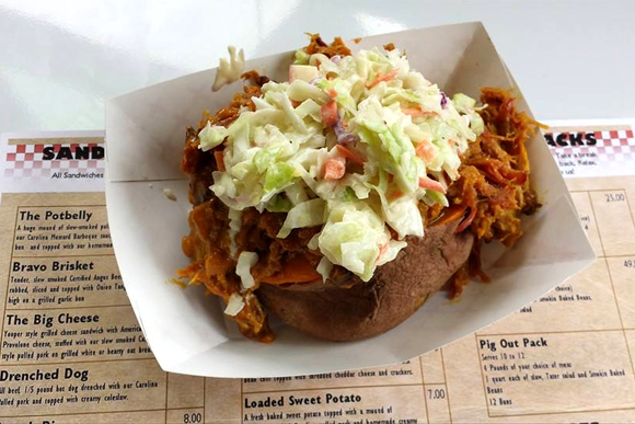 The loaded baked sweet potato at Rollin Smoke.